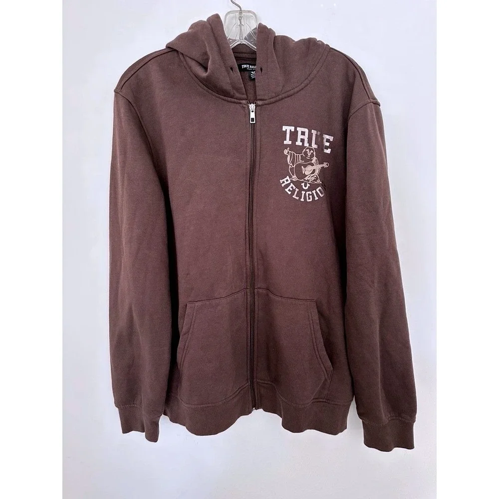 True Religion Mens Metallic Buddha Star Zip Hoodie Brown Sweatshirt XL